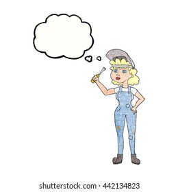 freehand gezeichnete Gedankenblase strukturierte Cartoon weibliche Mechanikerin