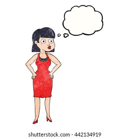 freehand drawn thought bubble textured cartoon woman in dress with hands on hips