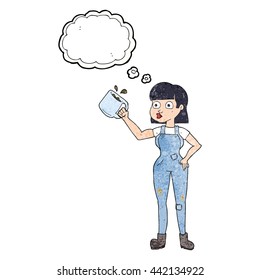 freehand drawn thought bubble textured cartoon female worker with coffee mug