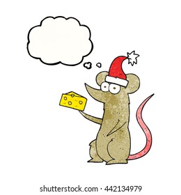 freehand drawn thought bubble textured cartoon christmas mouse with cheese