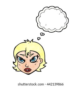 freehand drawn thought bubble textured cartoon angry female face