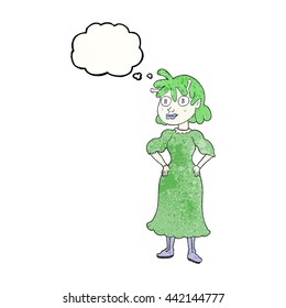 freehand drawn thought bubble textured cartoon alien woman