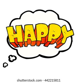 freehand drawn thought bubble textured cartoon word happy