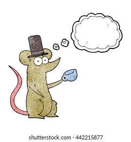 freehand drawn thought bubble textured cartoon mouse with cup and top hat