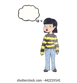freehand drawn thought bubble textured cartoon woman in casual clothes