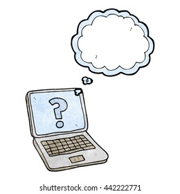 burbuja de pensamiento dibujada a mano libre textura computadora portátil de dibujos animados con signo de interrogación