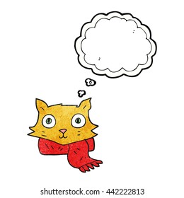 freehand drawn thought bubble textured cartoon cat wearing scarf