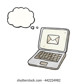 freehand drawn thought bubble textured cartoon laptop computer with message symbol on screen