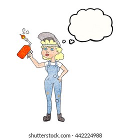freehand drawn thought bubble textured cartoon woman welding