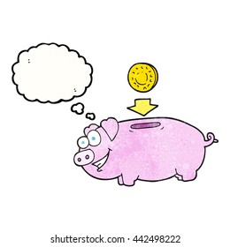 freehand drawn thought bubble textured cartoon piggy bank