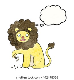 freehand drawn thought bubble textured cartoon lion with thorn in foot