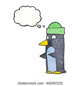 burbuja de pensamiento dibujada a mano libre textura de caricatura pingüino usando sombrero