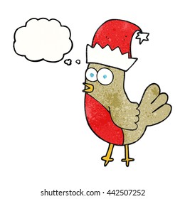 freehand gezeichnete Denkblase strukturierte Cartoon-Robin in Weihnachtsmütze