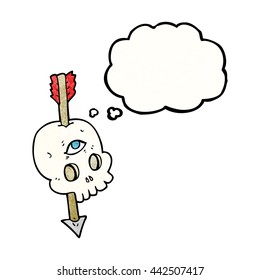 freehand drawn thought bubble textured cartoon magic skull with arrow through brain
