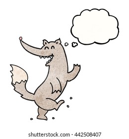 freehand drawn thought bubble textured cartoon happy wolf dancing