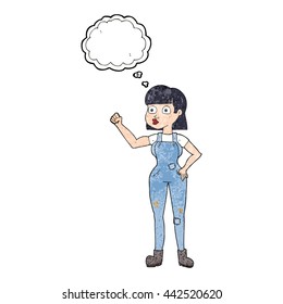 freehand drawn thought bubble textured cartoon woman clenching fist