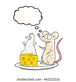 freehand drawn thought bubble textured cartoon mouse with cheese