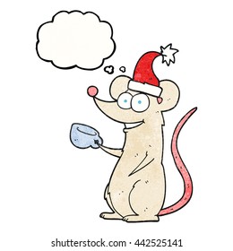 freehand drawn thought bubble textured cartoon mouse wearing christmas hat