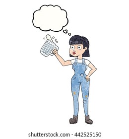 freehand drawn thought bubble textured cartoon woman with beer