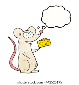 freehand drawn thought bubble textured cartoon mouse with cheese