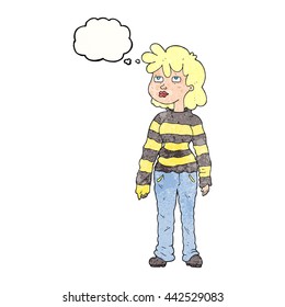 freehand drawn thought bubble textured cartoon woman in casual clothes