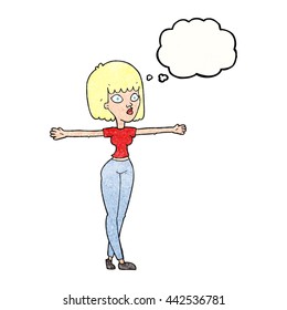 freehand drawn thought bubble textured cartoon woman spreading arms