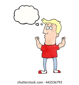 caricatura de textura con burbuja de pensamiento dibujada a mano libre sorprendido hombre con bíceps
