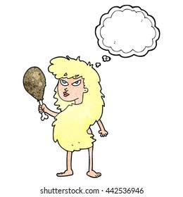freehand drawn thought bubble textured cartoon cavewoman with meat
