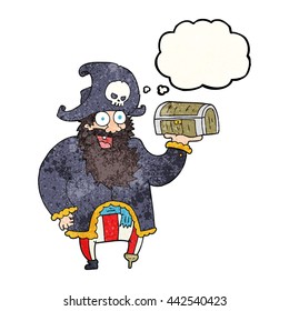 caricatura dibujada a mano libre burbuja texturizada capitán pirata con cofre del tesoro