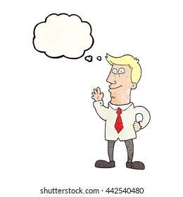 freehand drawn thought bubble textured cartoon waving man