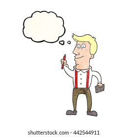 freehand drawn thought bubble textured cartoon man with notebook and pen