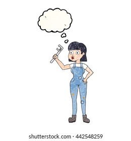freehand drawn thought bubble textured cartoon female plumber
