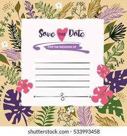 Freehand drawn typography poster. Stylish illustration with vector flower design for greeting cards, flyer, banner, valentines day card. Image heart, text save the date and open space for invitation
