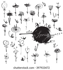 Freehand drawn unique beautiful flowers set, hand-drawn with liquid ink dye, with butterflies and imperfections. Vector branding stylish illustration, isolated on white background, simple, graphic.