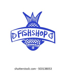 Freehand drawn vector illustration for fish shop business. Element of corporate identity, banner, poster, logotype for premium market, shop with sea food.