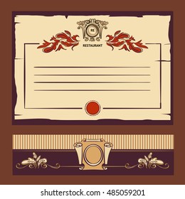Freehand drawn vector illustration for restaurant business menu. Logo with ornate image. Element of corporate identity, banner, poster, logotype for premium cafe, restaurant with food and drink.