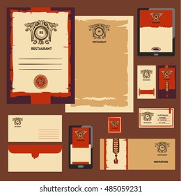 Freehand drawn vector illustration for restaurant business menu. Logo with ornate image. Element of corporate identity, banner, poster, logotype for premium cafe, restaurant with food and drink.