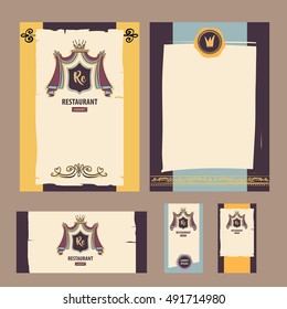 Freehand drawn vector illustration for restaurant business menu. Logo with shield and crown. Element of corporate identity, banner, poster, logotype for premium cafe, restaurant with food and drink.