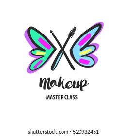 Freehand drawn vector logo for beauty salon, parlor, shop. Master class of make up. Element of corporate identity, logotype on white background. Image of hand drawn butterfly with black makeup brush.