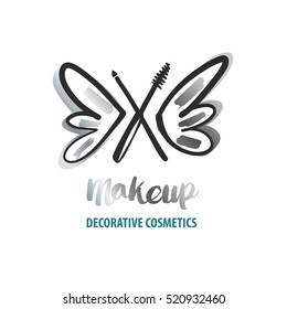 Freehand drawn vector logo for beauty salon, parlor, shop. Master class of make up. Element of corporate identity, logotype on white background. Image of hand drawn butterfly with black makeup brush.