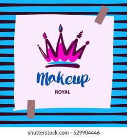 Freehand drawn vector logo for beauty salon, parlor, shop. Image of hand drawn crown. Master class of makeup. Element of corporate identity, banner, poster and logotype isolated on white background. 