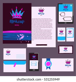 Freehand drawn vector logo for beauty salon, parlor, shop. Image of hand drawn crown. Master class of makeup. Element of corporate identity, banner, poster and logotype isolated on white background