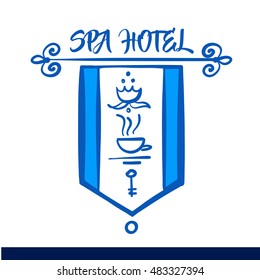 Freehand drawn vector logo with cup and key on flag banner. Image concept of logo small business spa and hotel.