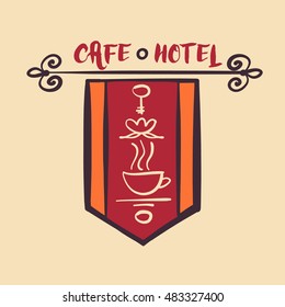 Freehand drawn vector logo with cup and key on flag banner. Image concept of logo small business cafe and hotel.