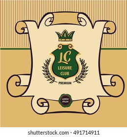 Freehand drawn vector logo for premium leisure club on shield and crown. Element of design of corporate identity, banner and logotype. Health lifestyle, relaxation and fitness. 