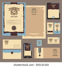 Freehand drawn vector logo for premium hotel group business. Royal template image and illustration of element design for corporate identity, banner, poster and logotype.