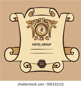 Freehand drawn vector logo for premium hotel group business. Royal template image and illustration of element design for corporate identity, banner, poster and logotype.