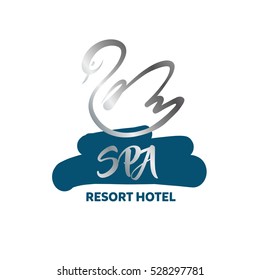 Freehand drawn vector logo for resort spa hotel, massage boutique. Beauty lounge. Element of corporate identity, banner, poster, logotype on white background. Image of hand drawn white swan.