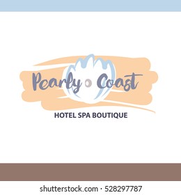 Freehand drawn vector logo for resort spa hotel, boutique. Beauty lounge. Element of corporate identity, banner, poster, logotype on white background. Image of hand drawn white pearl.