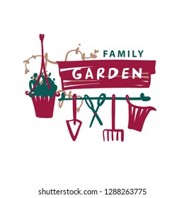 Freehand drawn vector logo with text Family Garden. Concept family farming, eco life. Template logotype for family rural house and farm business with garden accessory. Sketch vector illustration.